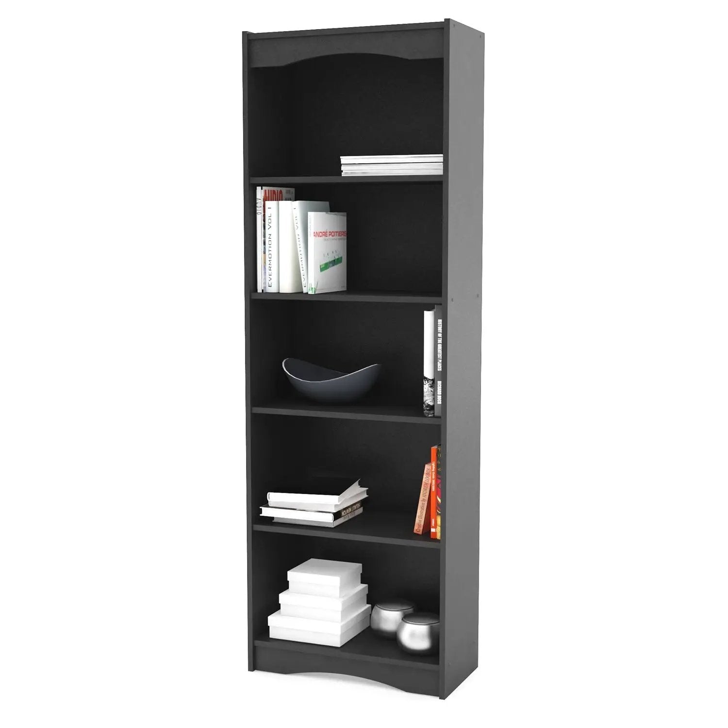 Contemporary Black Bookcase with 5 Shelves and Curved Accents by HomePacific