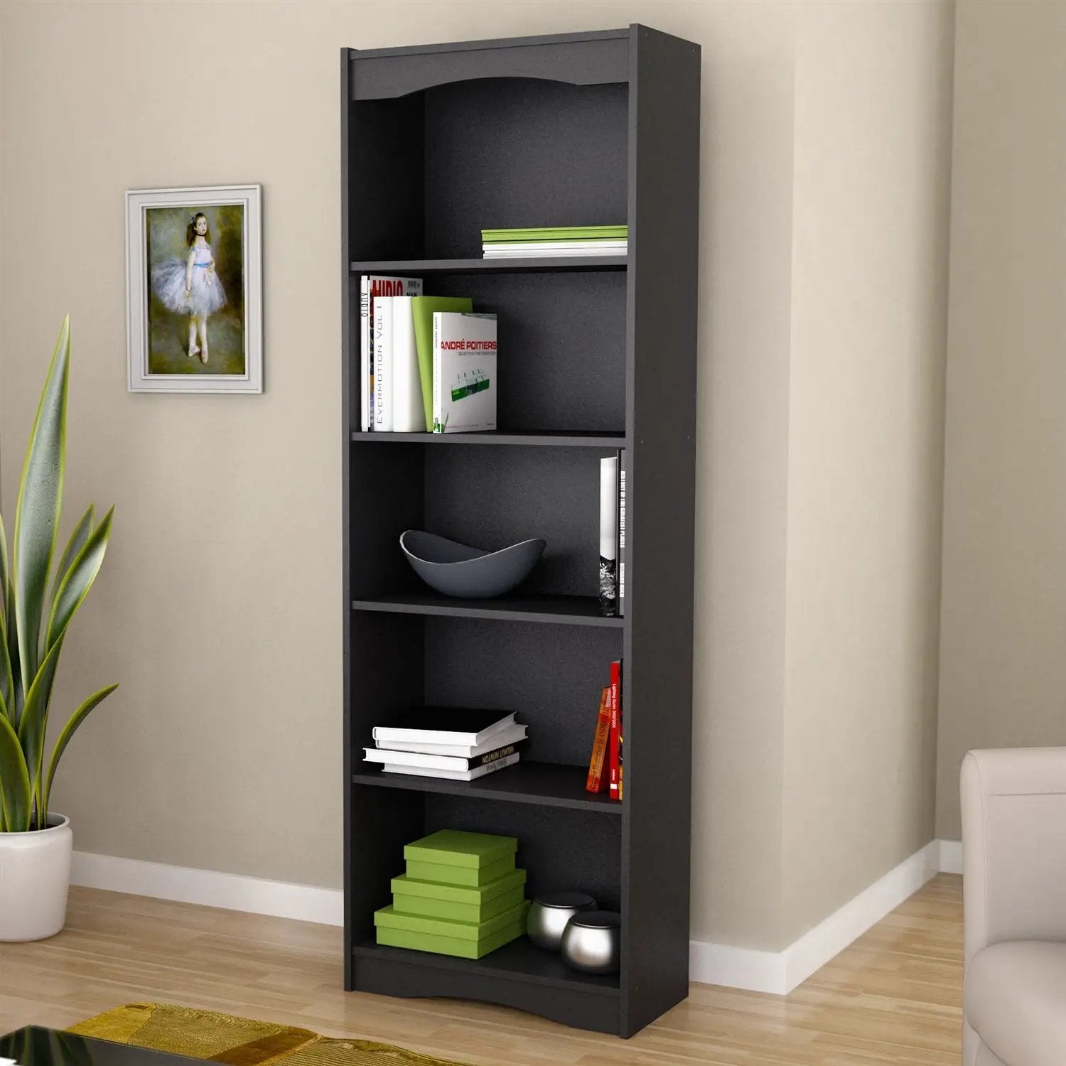 Contemporary Black Bookcase with 5 Shelves and Curved Accents by HomePacific