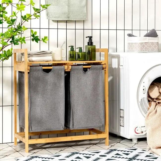 Natural Bamboo 2 Bin Sliding Laundry Hamper with Storage Shelf by HomePacific