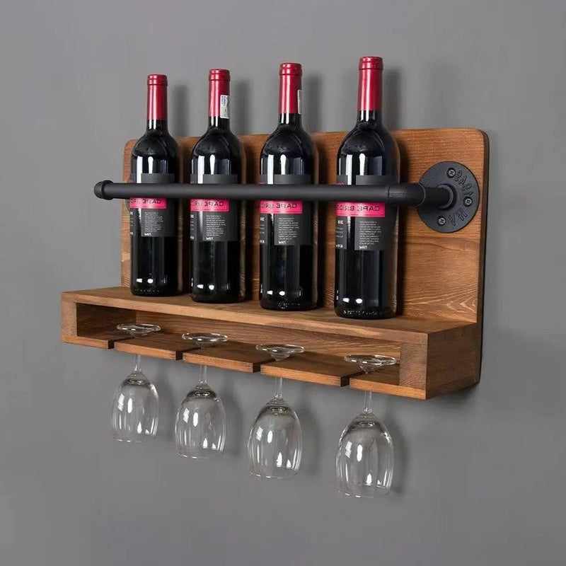 4 Bottle Rustic Farmhouse Wall Mounted Wine Rack with Glass Holder by HomePacific