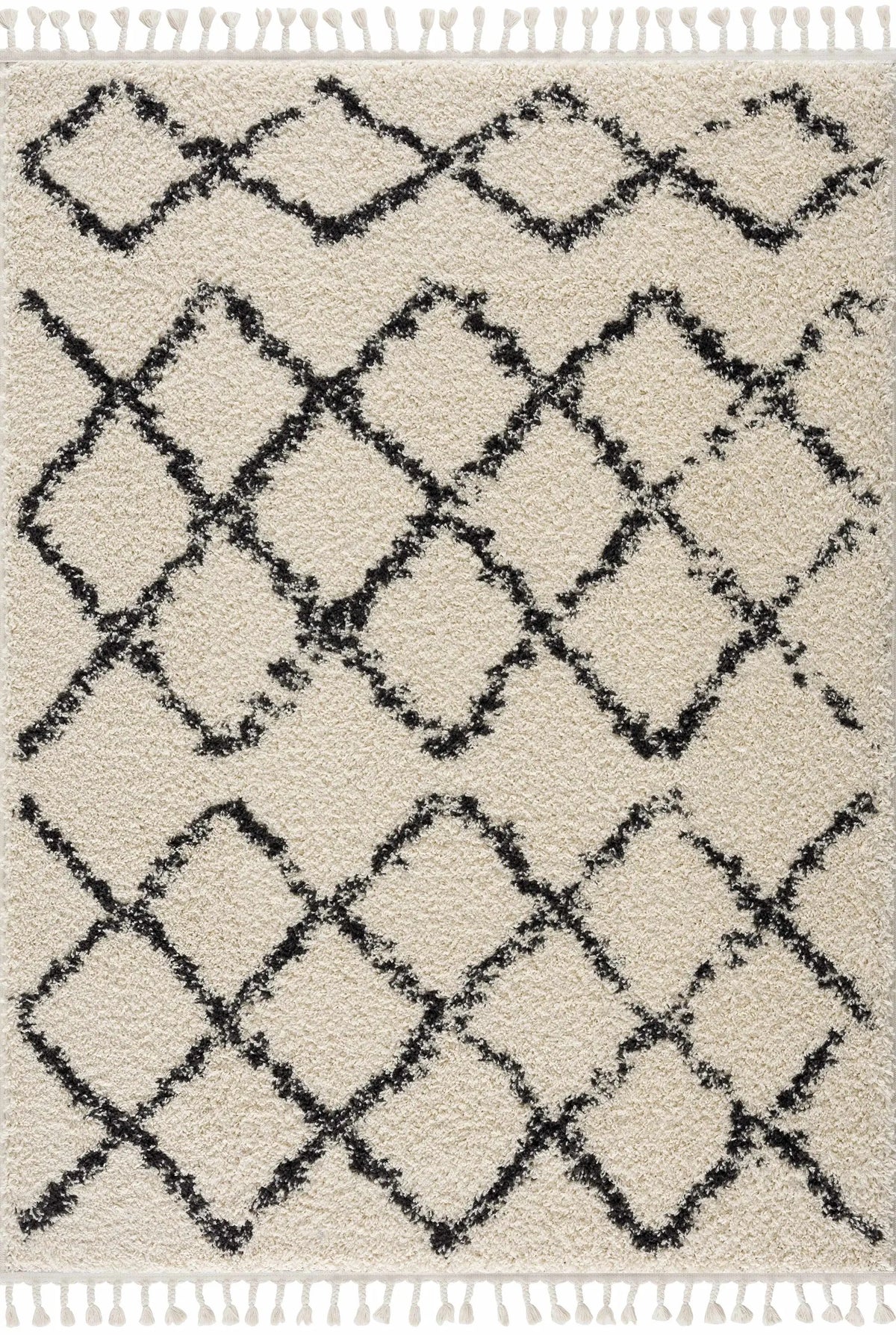 Wallagrass Beige/Black Trellis Tassel Shag by Hauteloom