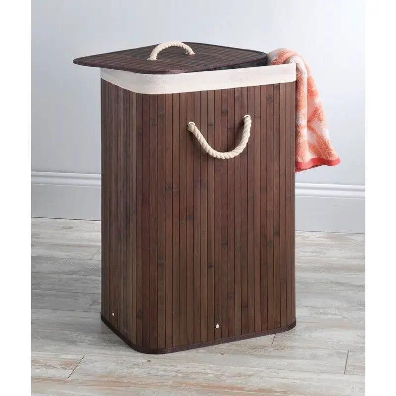 Brown Bamboo Laundry Hamper Dirty Clothes Basket with Lid and Removable Bag by HomePacific