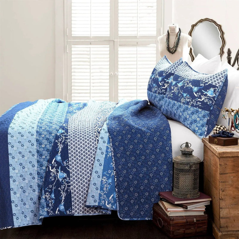Full/Queen Navy White Light Blue Boho Floral Birds Reversible Quilt Set by HomePacific