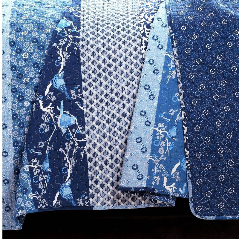 Full/Queen Navy White Light Blue Boho Floral Birds Reversible Quilt Set by HomePacific