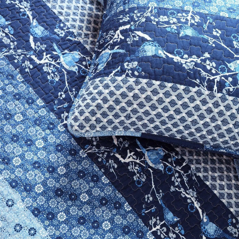 Full/Queen Navy White Light Blue Boho Floral Birds Reversible Quilt Set by HomePacific