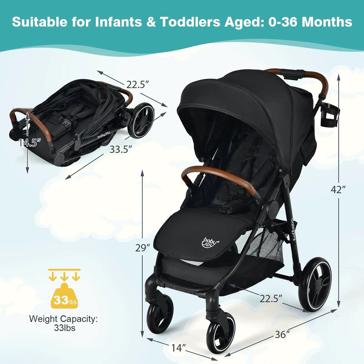 5-Point Harness Lightweight Infant Stroller with Foot Cover and Adjustable Backrest by DirectDeals