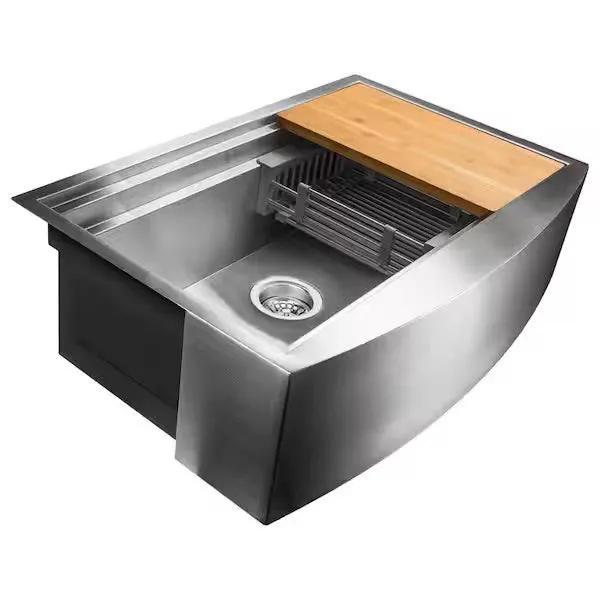Open Box AKDY Handmade Farmhouse Apron Front 33 in. x 22 in. Single Bowl Stainless Steel Workstation Kitchen Sink with Accessories by Selzalot