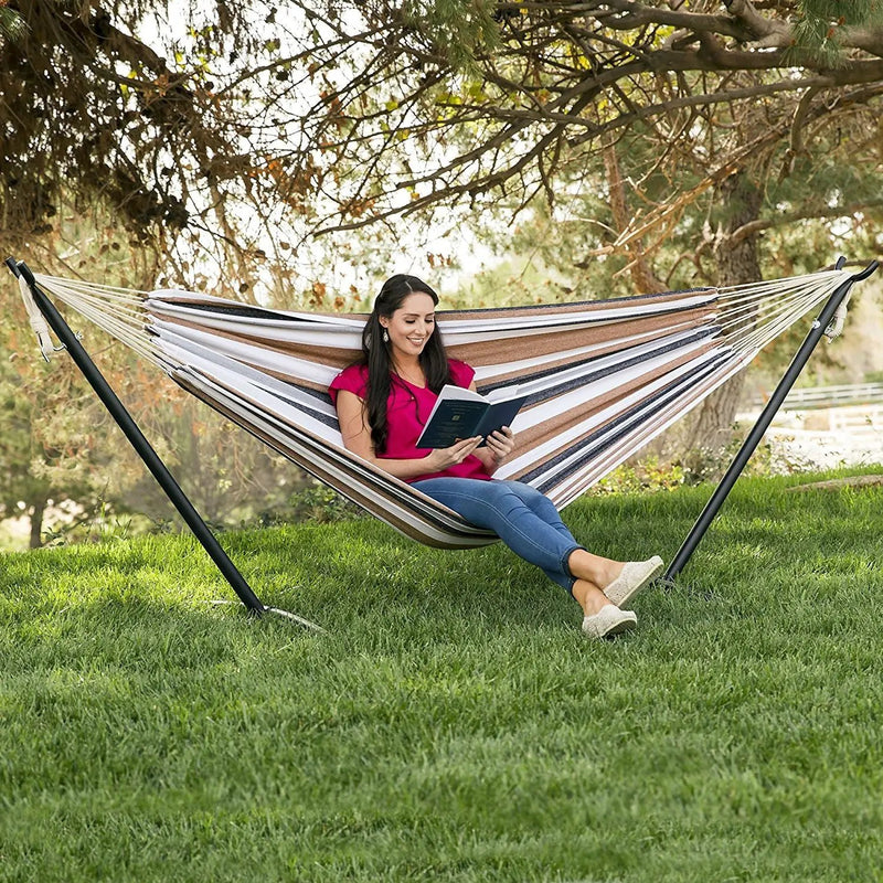 Portable Cotton Hammock in Desert Strip with Metal Stand and Carry Case by HomePacific