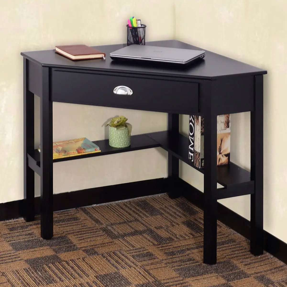 Corner Black Wood Computer Desk with Drawer by HomePacific