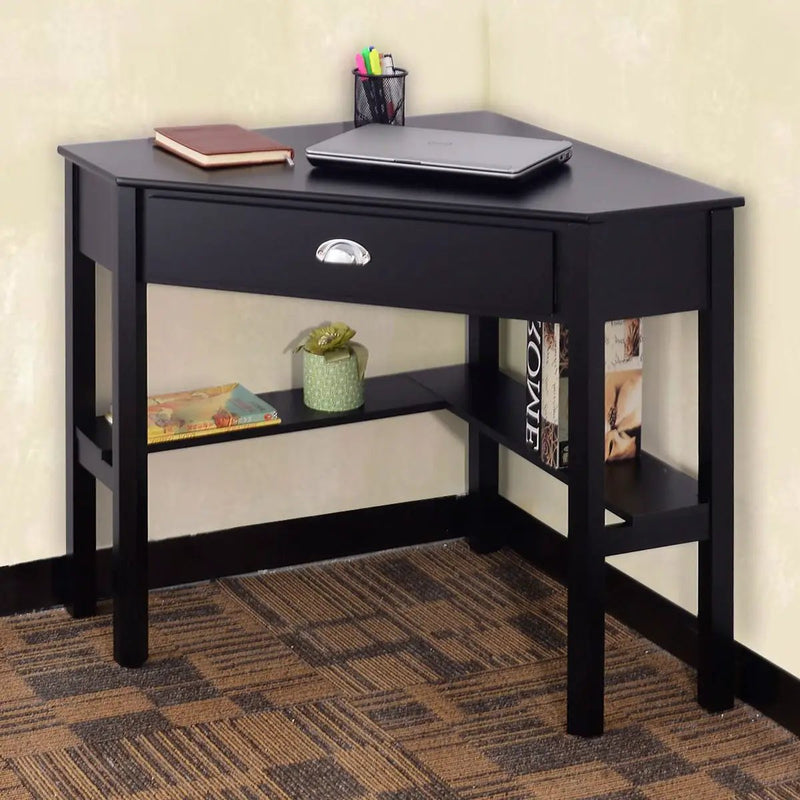 Corner Black Wood Computer Desk with Drawer by HomePacific
