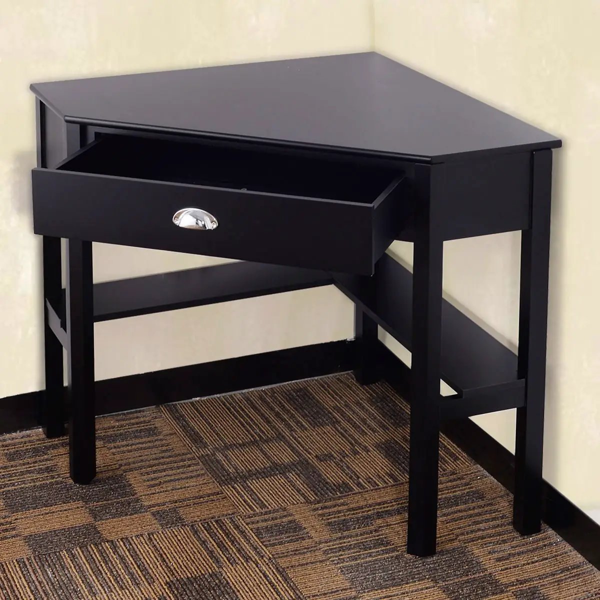 Corner Black Wood Computer Desk with Drawer by HomePacific