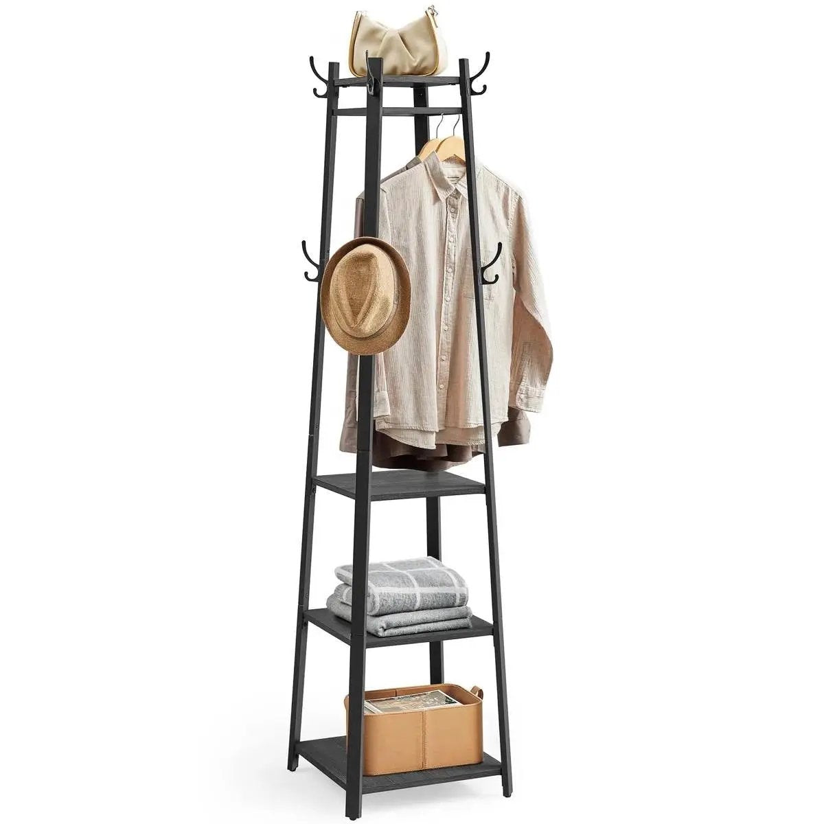 Modern Farmhouse Black Metal Coat Rack Entryway Hall Tree with Grey Wood Shelves by HomePacific