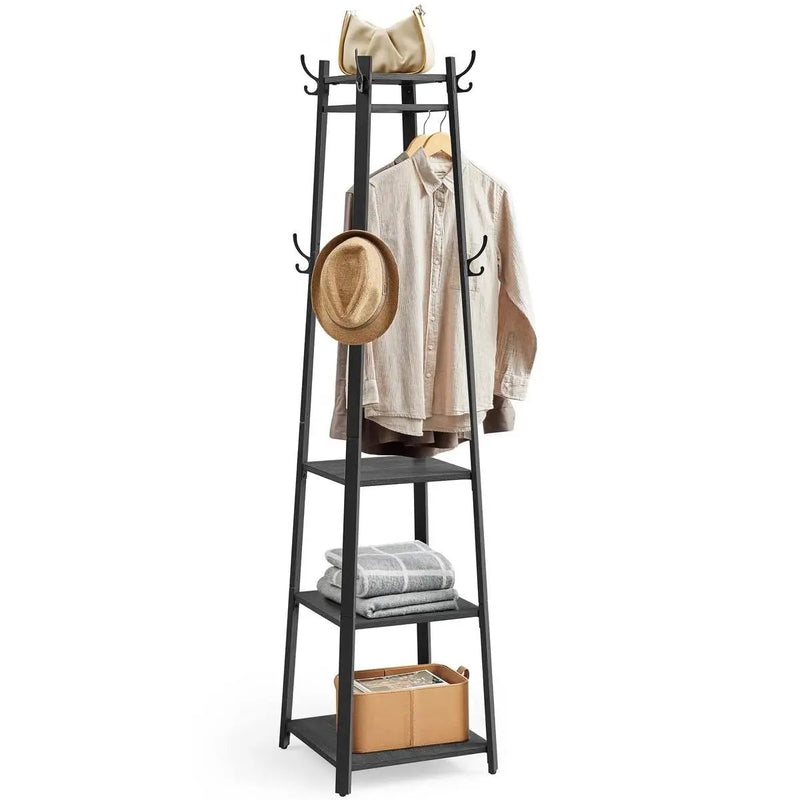 Modern Farmhouse Black Metal Coat Rack Entryway Hall Tree with Grey Wood Shelves by HomePacific