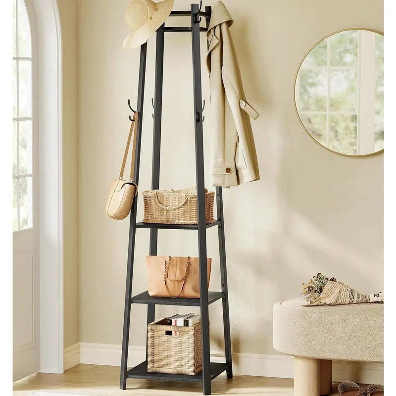 Modern Farmhouse Black Metal Coat Rack Entryway Hall Tree with Grey Wood Shelves by HomePacific