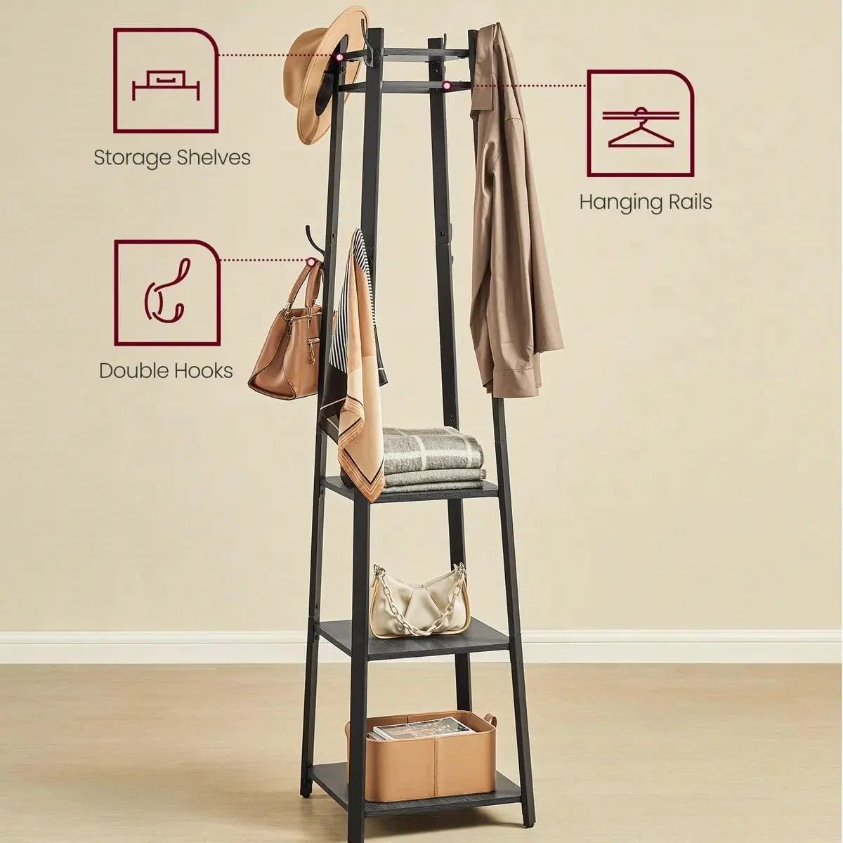 Modern Farmhouse Black Metal Coat Rack Entryway Hall Tree with Grey Wood Shelves by HomePacific