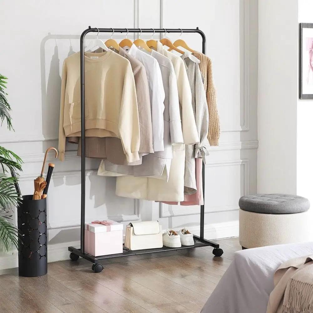 Simple Black Steel Tube Rolling Garment Clothes Rack with Bottom Mesh Shelf by HomePacific