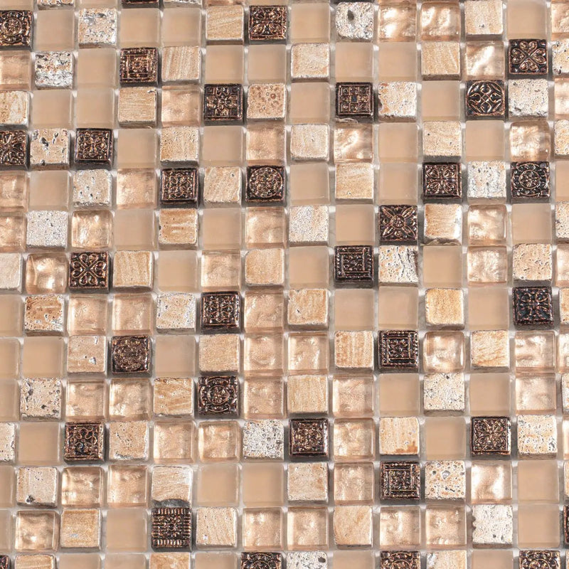 Beige Brown 12x12 Glossy Foiled Square Glass Resin Stone Mosaic Tile (5 pack, 4.75 sq ft/case)