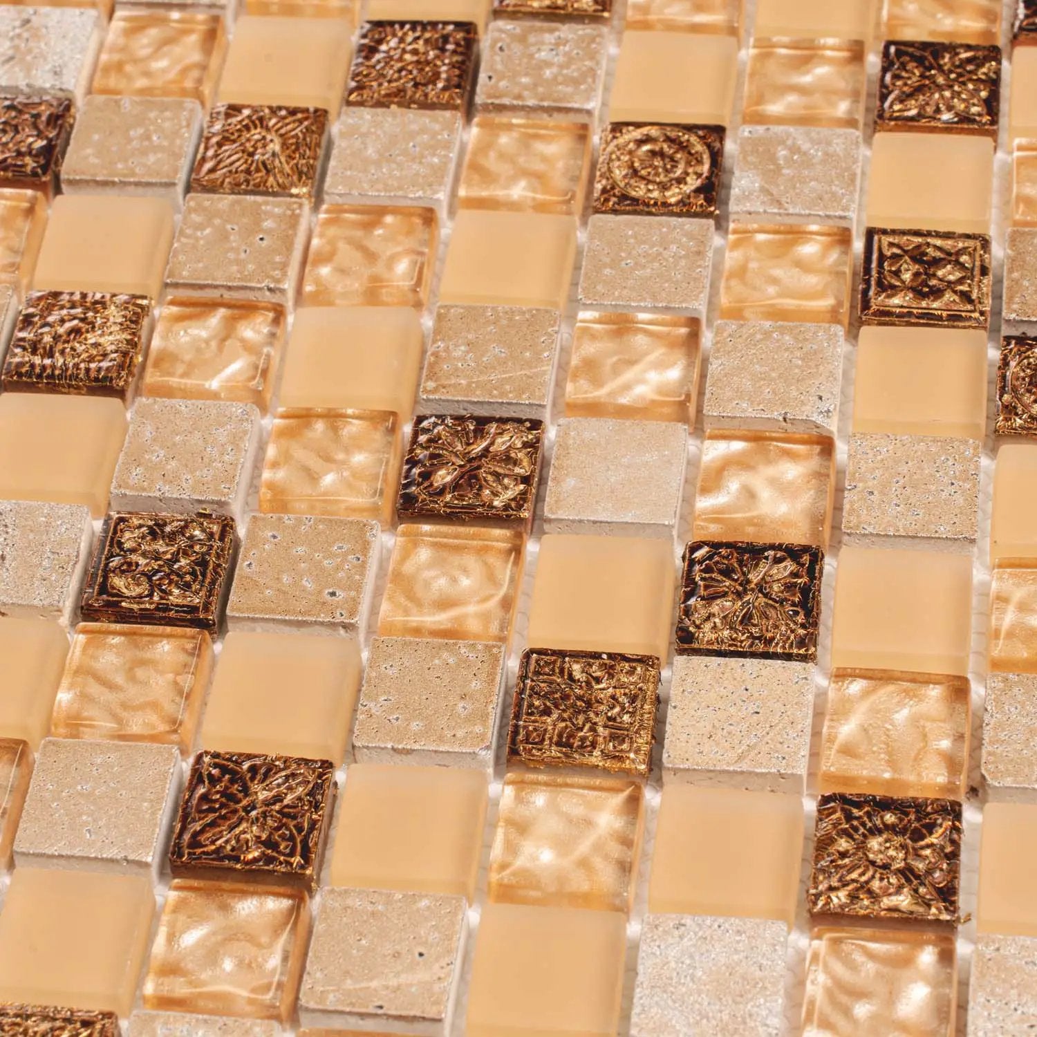 Beige 12x12 Glossy Foiled Square Glass Resin Stone Mosaic Tile (5 pack, 4.75 sq ft/case) by Apollo Tile
