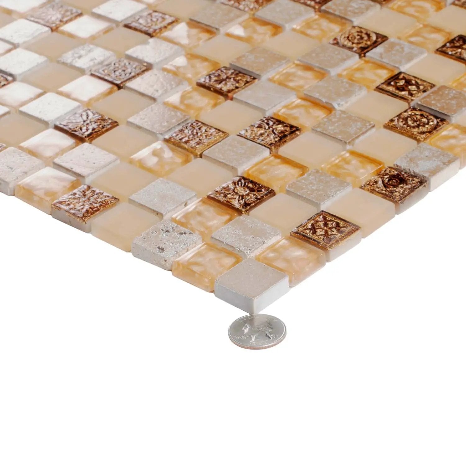 Beige 12x12 Glossy Foiled Square Glass Resin Stone Mosaic Tile (5 pack, 4.75 sq ft/case) by Apollo Tile
