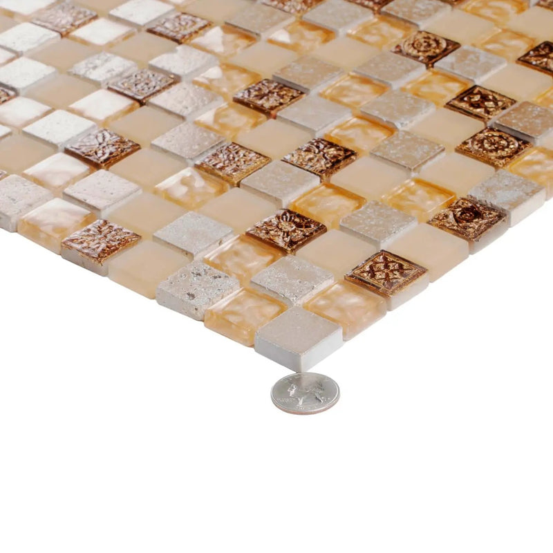 Beige 12x12 Glossy Foiled Square Glass Resin Stone Mosaic Tile (5 pack, 4.75 sq ft/case) by Apollo Tile