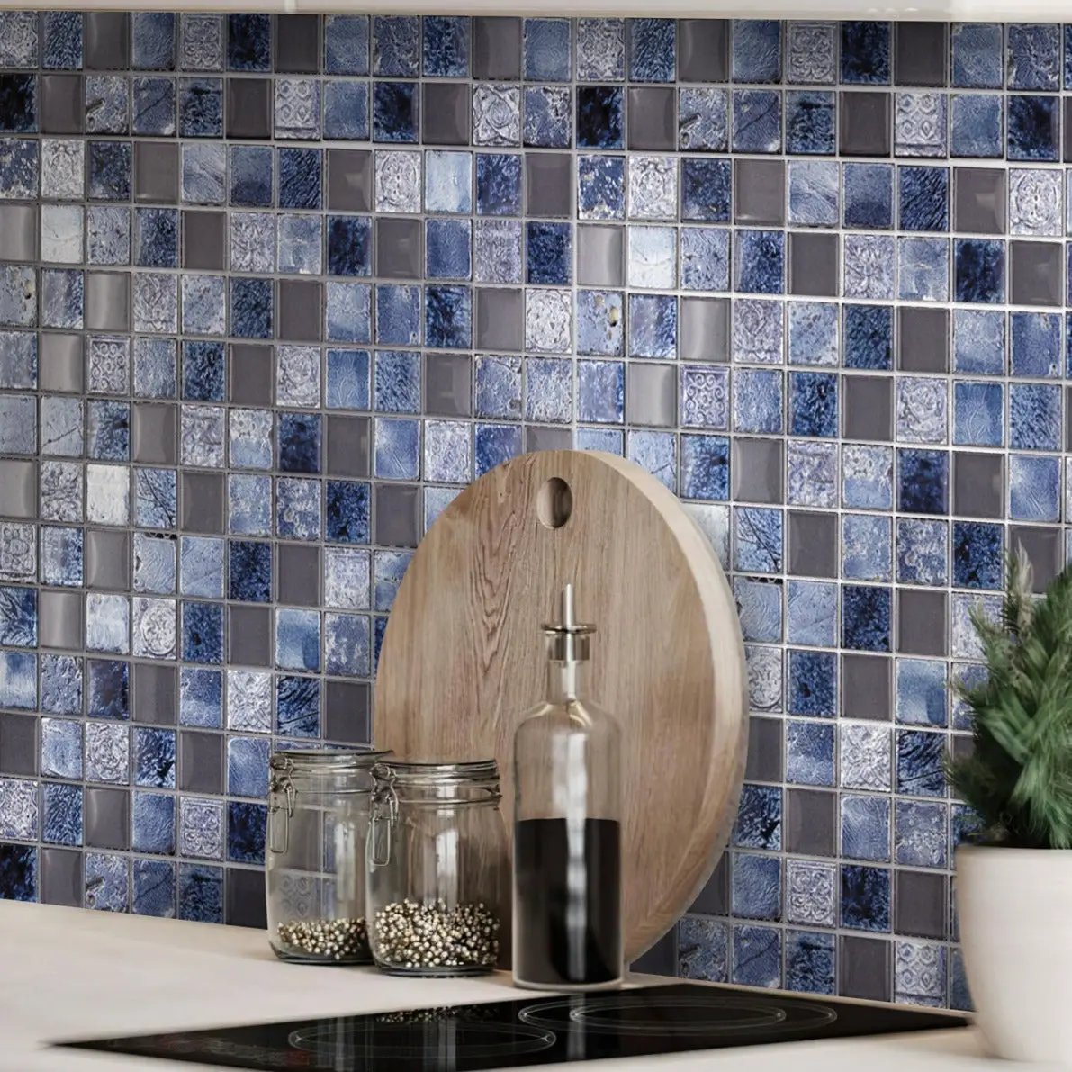 Gray Blue 12x12 Glossy Foiled Square Glass Resin Stone Mosaic Tile (5 pack, 4.75 sq ft/case) by Apollo Tile