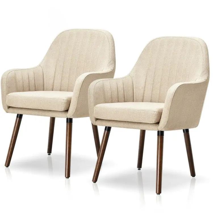 Set of 2 Retro Off-White Linen Upholstered Accent Chair with Stylish Wood Legs by HomePacific