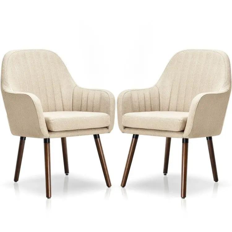 Set of 2 Retro Off-White Linen Upholstered Accent Chair with Stylish Wood Legs by HomePacific