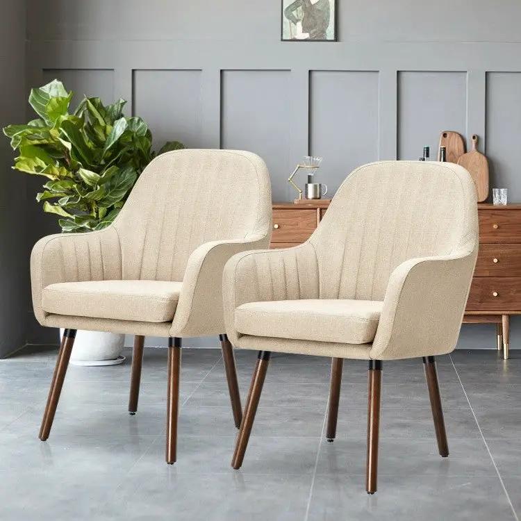 Set of 2 Retro Off-White Linen Upholstered Accent Chair with Stylish Wood Legs by HomePacific