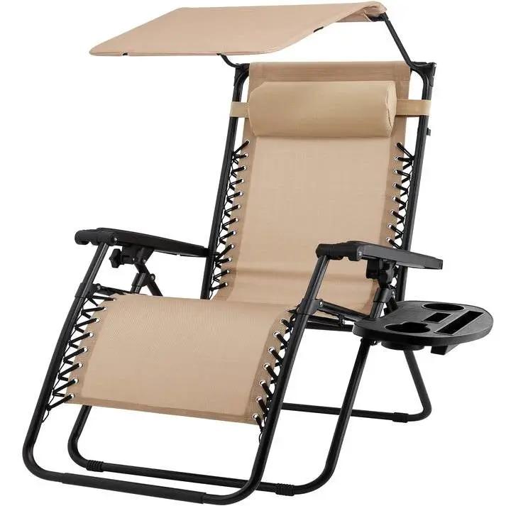 Beige Zero Gravity Folding Reclining Patio Lounge Chair with Canopy Sun Shade by HomePacific