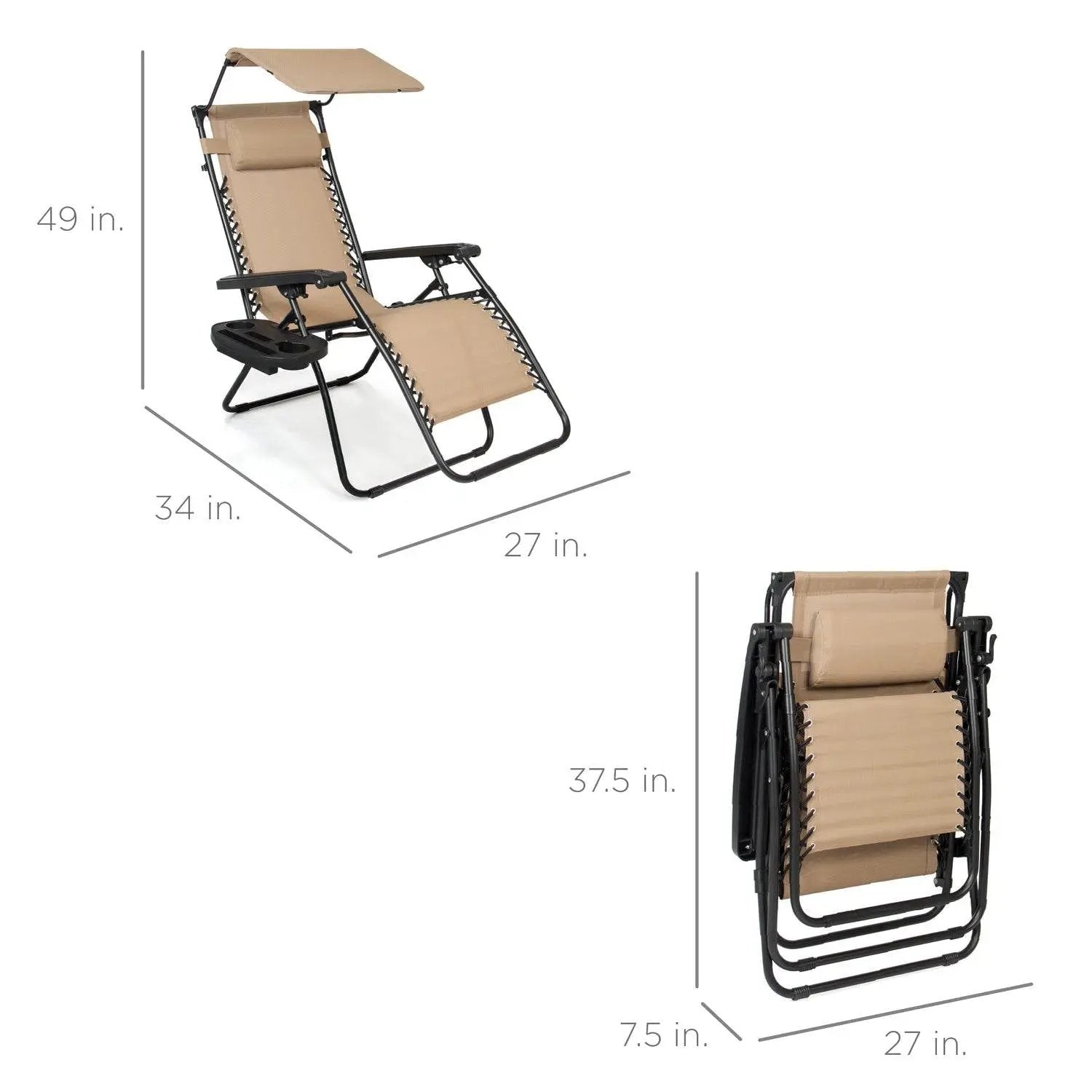 Beige Zero Gravity Folding Reclining Patio Lounge Chair with Canopy Sun Shade by HomePacific