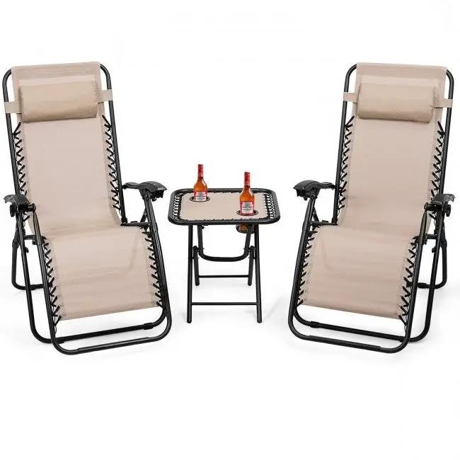 3 Piece Folding Portable Reclining Lounge Chairs Table Set Tan by HomePacific