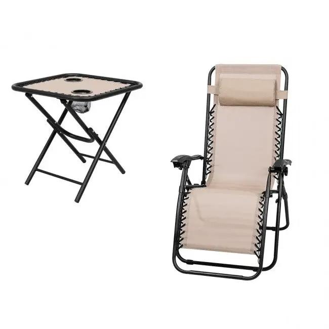 3 Piece Folding Portable Reclining Lounge Chairs Table Set Tan by HomePacific