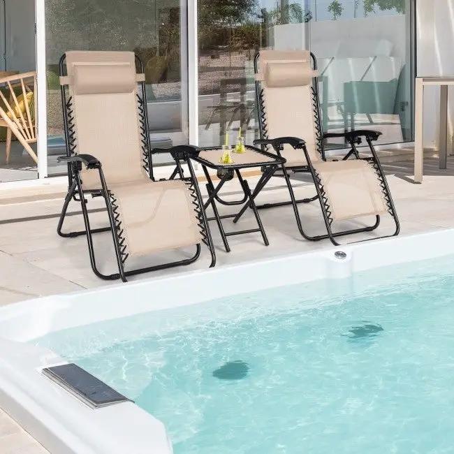 3 Piece Folding Portable Reclining Lounge Chairs Table Set Tan by HomePacific