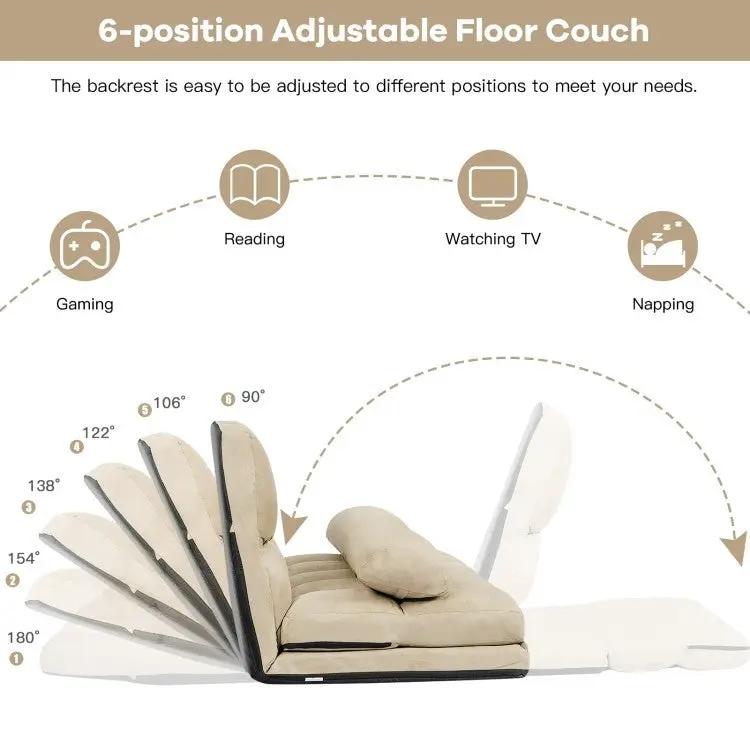 Faux Suede Minimalist 5 Tilt Foldable Floor Sofa Bed Detachable Cloth Cover in Beige by HomePacific