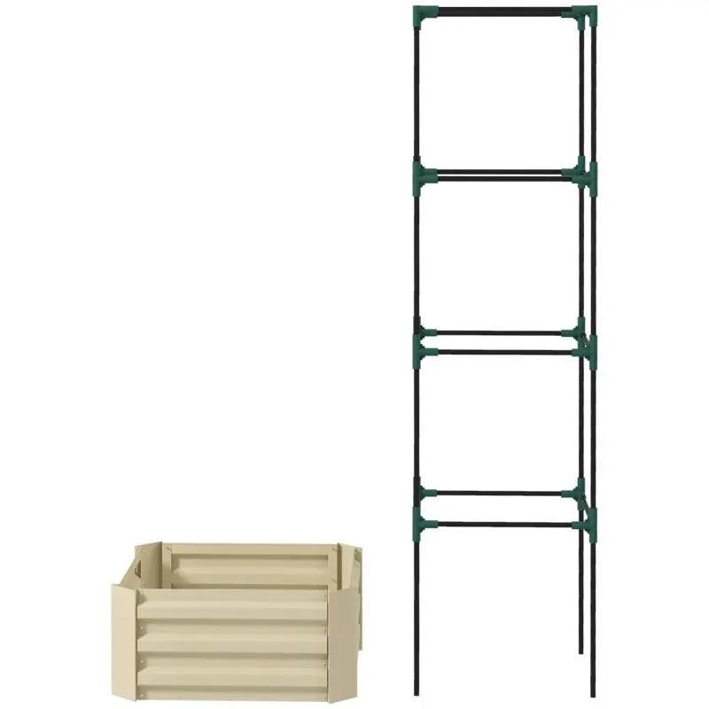 Beige Galvanized Open Bottom Raised Garden Bed Planter with Tomato Cage Trellis by HomePacific