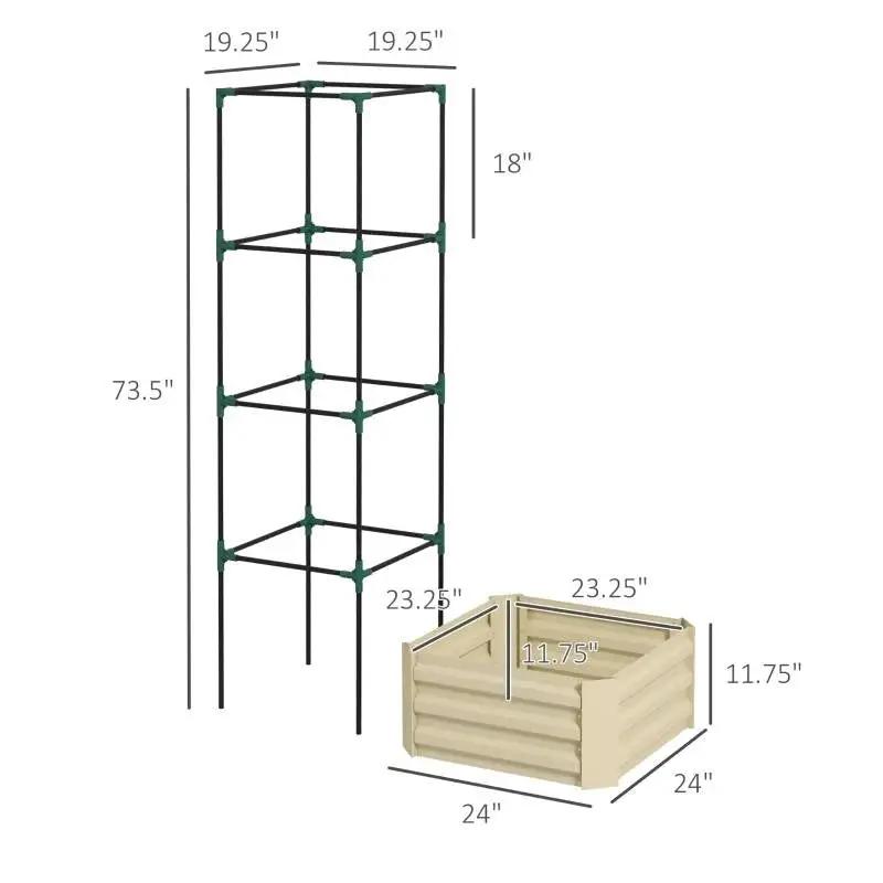 Beige Galvanized Open Bottom Raised Garden Bed Planter with Tomato Cage Trellis by HomePacific