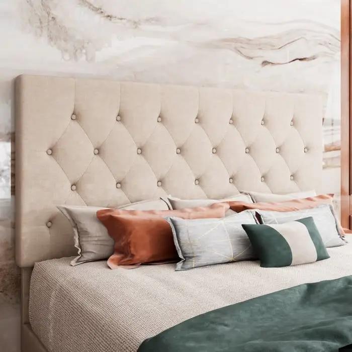 King Size Beige Linen Upholstered Platform Bed with Button-Tufted Headboard by HomePacific