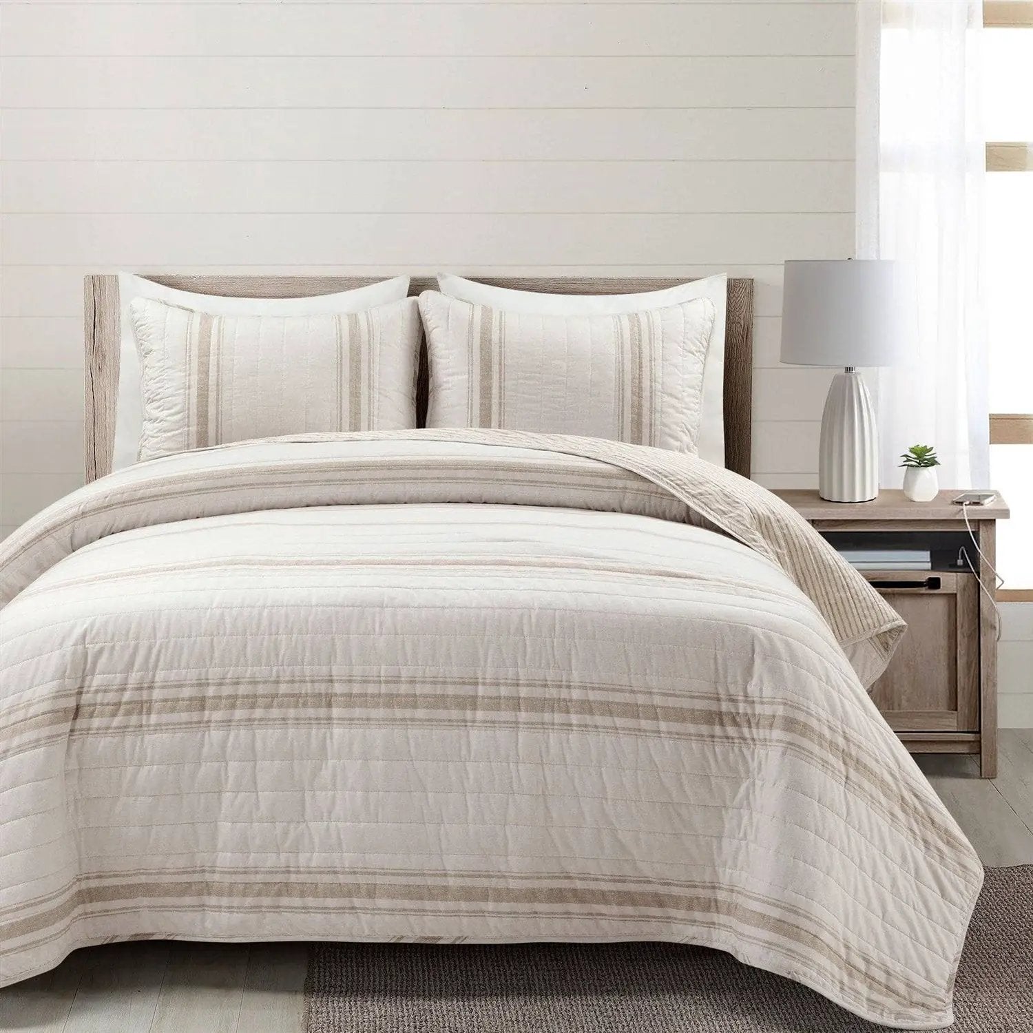 King Size Beige White 3 Piece Stripe Reversible Cotton Quilt Set by HomePacific