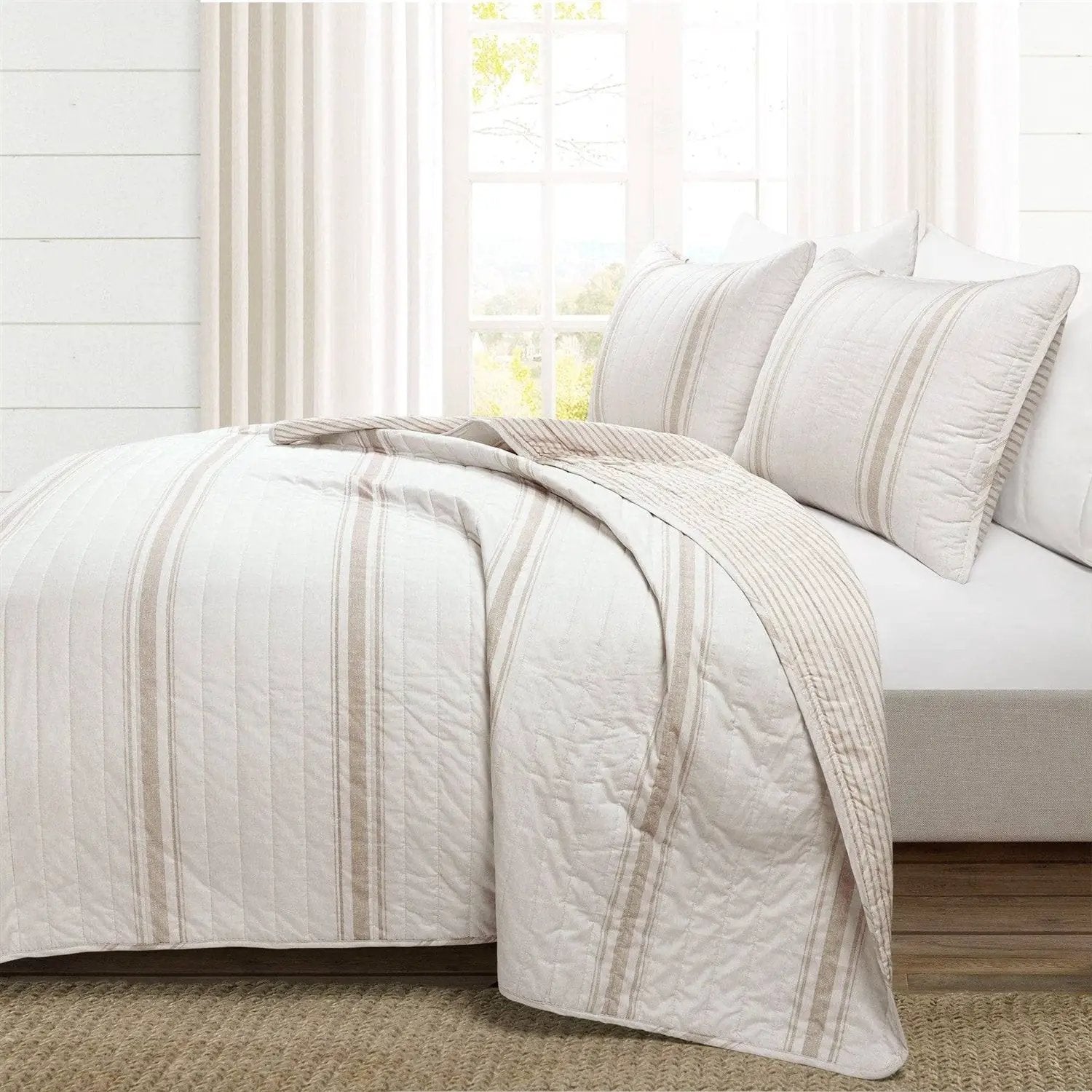 King Size Beige White 3 Piece Stripe Reversible Cotton Quilt Set by HomePacific