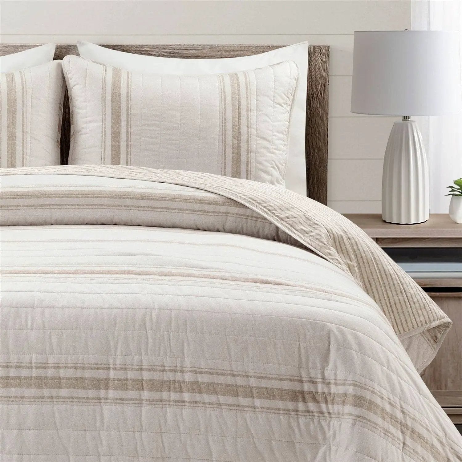 King Size Beige White 3 Piece Stripe Reversible Cotton Quilt Set by HomePacific