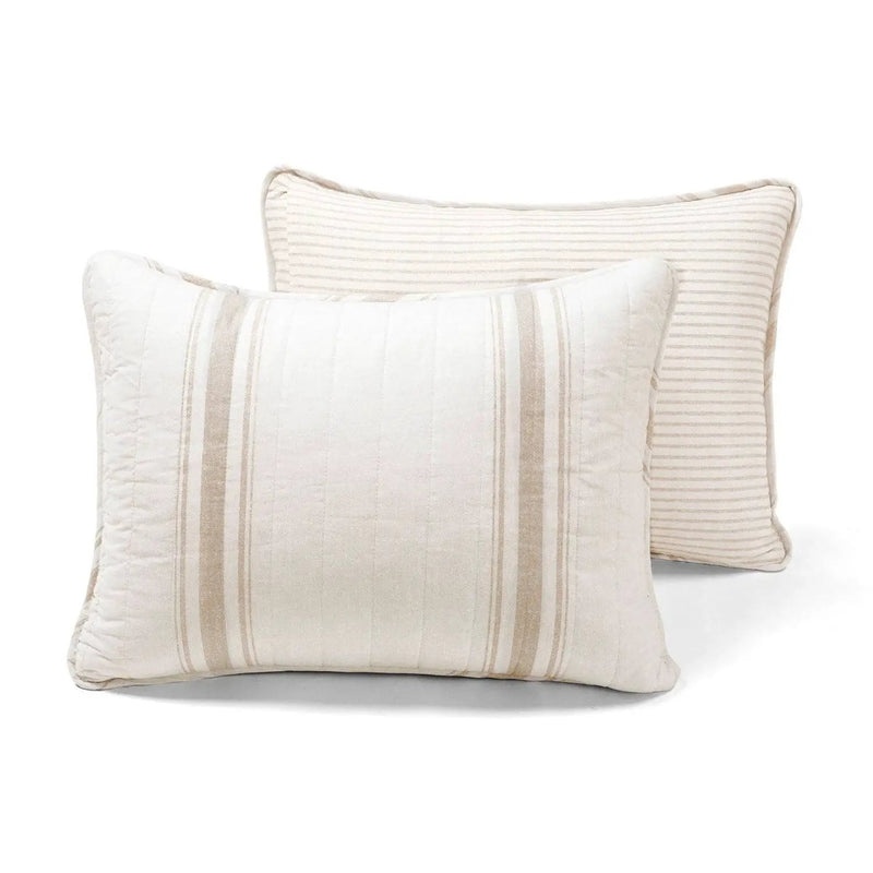 King Size Beige White 3 Piece Stripe Reversible Cotton Quilt Set by HomePacific