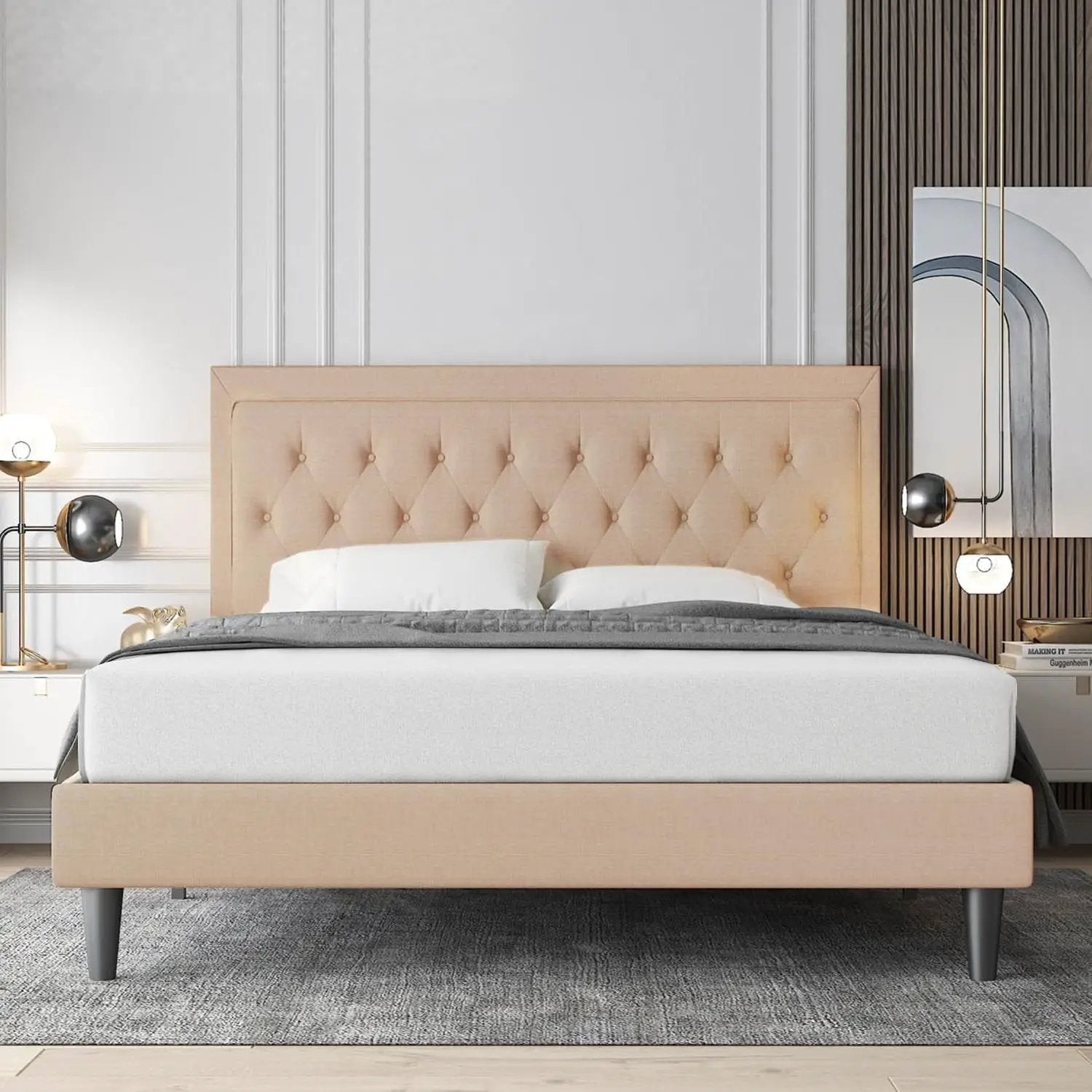 King size Beige Linen Platform Bed Frame with Button Tufted Headboard by HomePacific