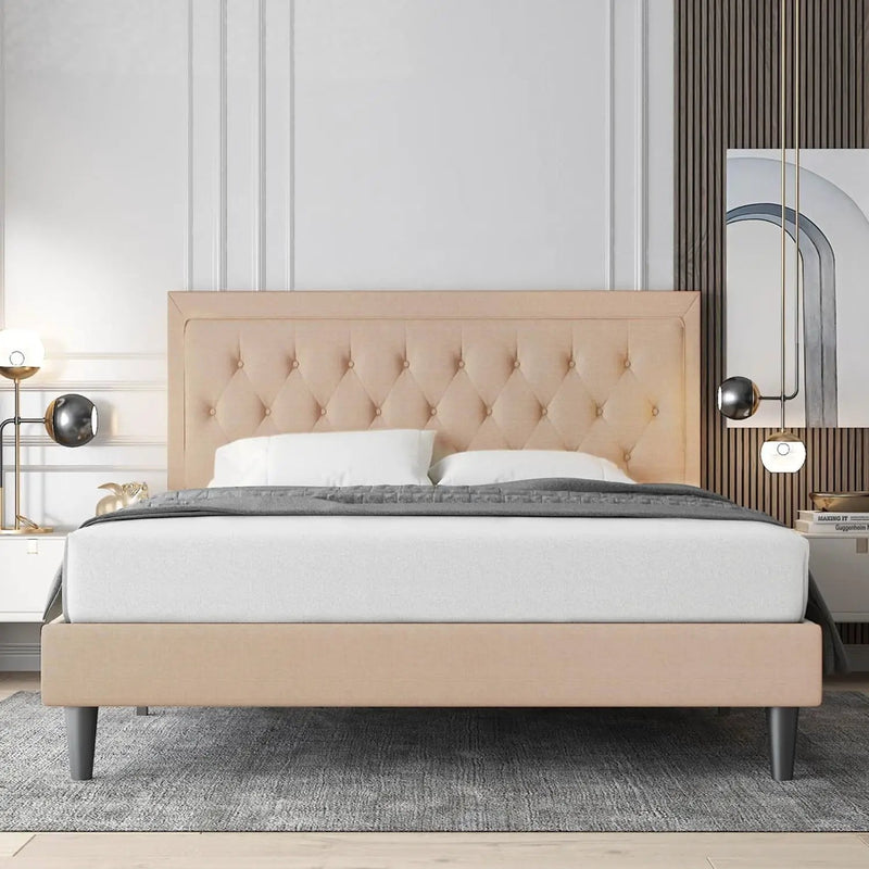 King size Beige Linen Platform Bed Frame with Button Tufted Headboard by HomePacific