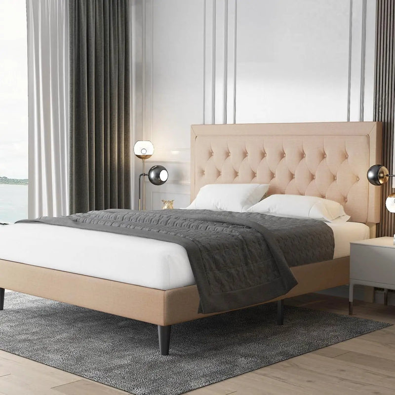 King size Beige Linen Platform Bed Frame with Button Tufted Headboard by HomePacific