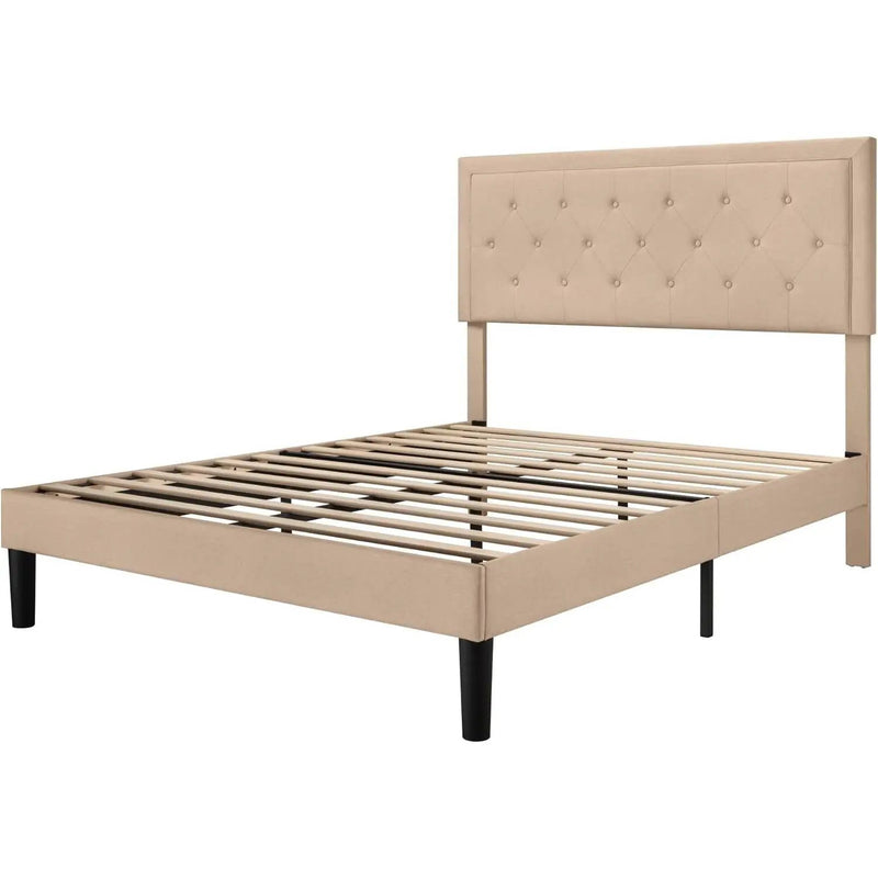 King size Beige Linen Platform Bed Frame with Button Tufted Headboard by HomePacific