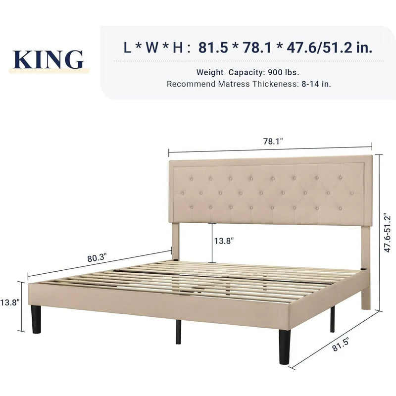 King size Beige Linen Platform Bed Frame with Button Tufted Headboard by HomePacific