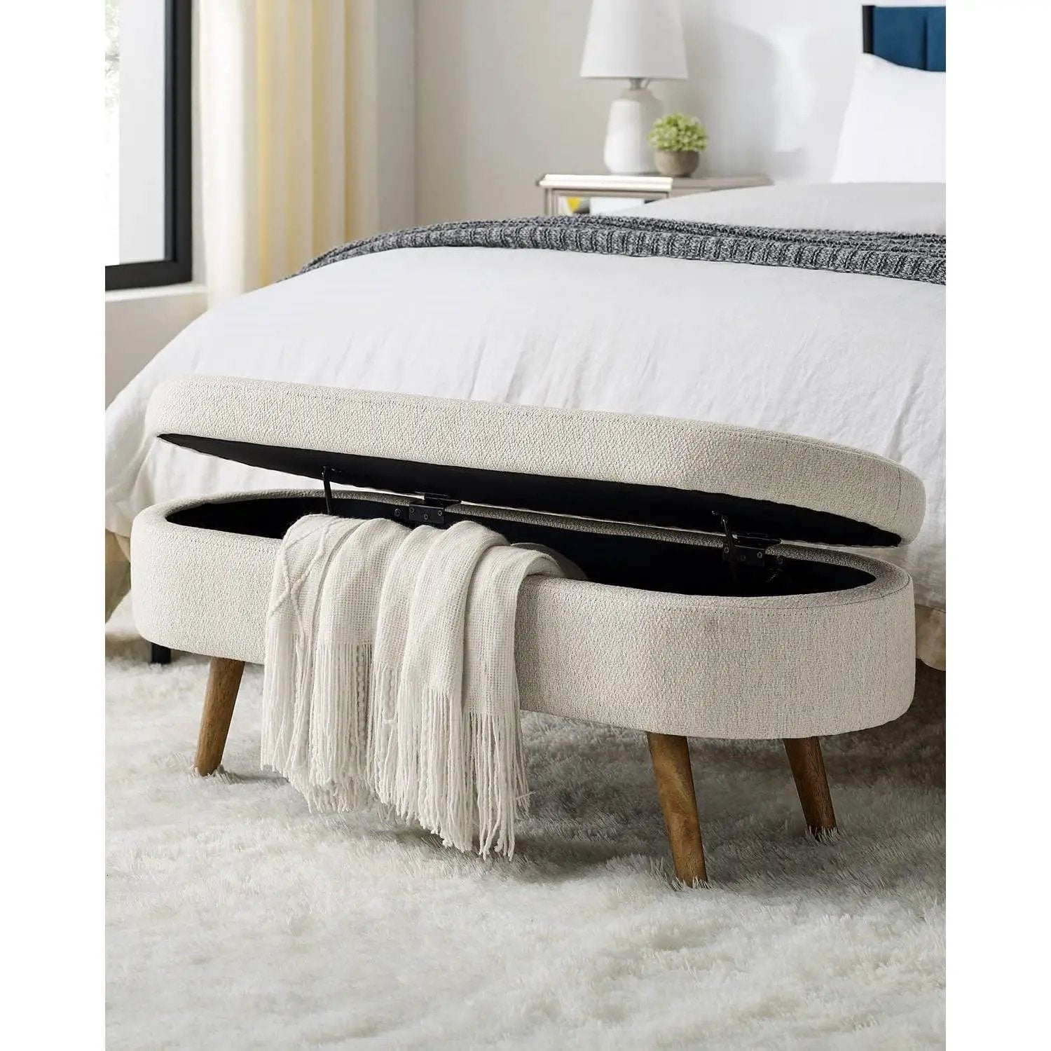 Mid-Century Modern Boho Style Off-White Beige Linen Bedroom Storage Bed Bench by HomePacific