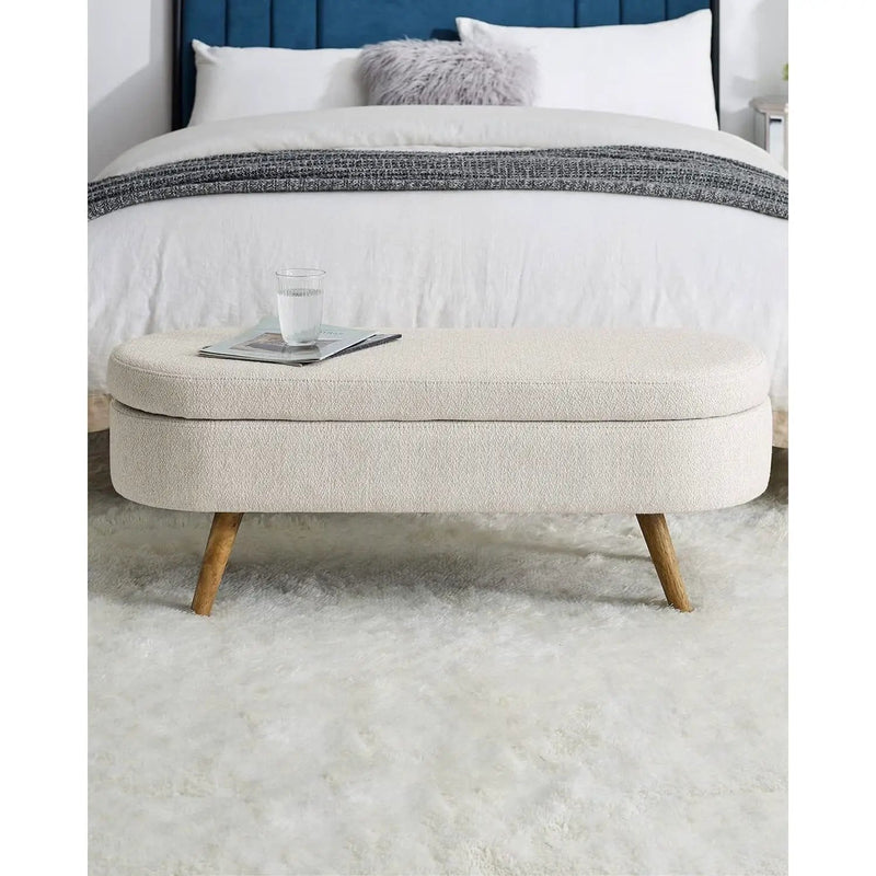 Mid-Century Modern Boho Style Off-White Beige Linen Bedroom Storage Bed Bench by HomePacific