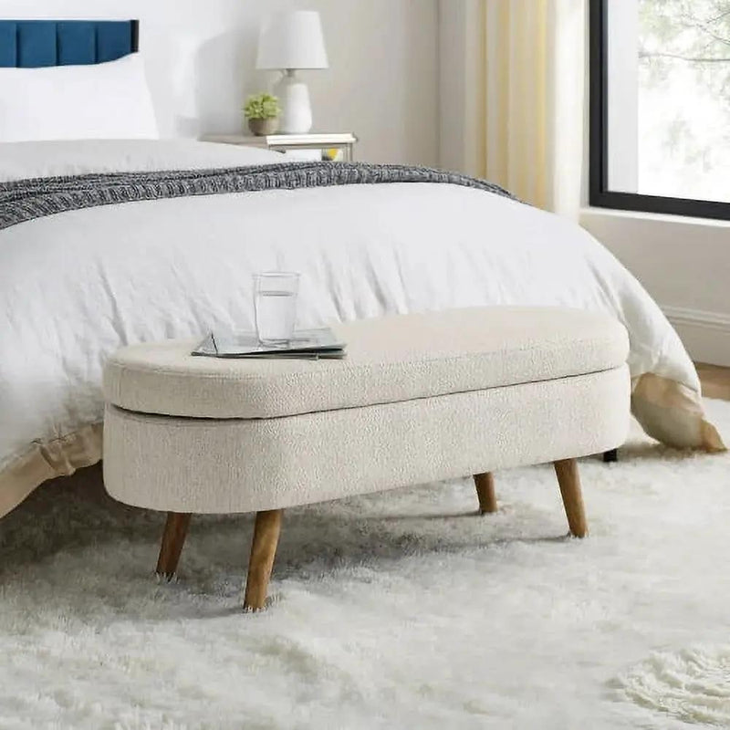 Mid-Century Modern Boho Style Off-White Beige Linen Bedroom Storage Bed Bench by HomePacific
