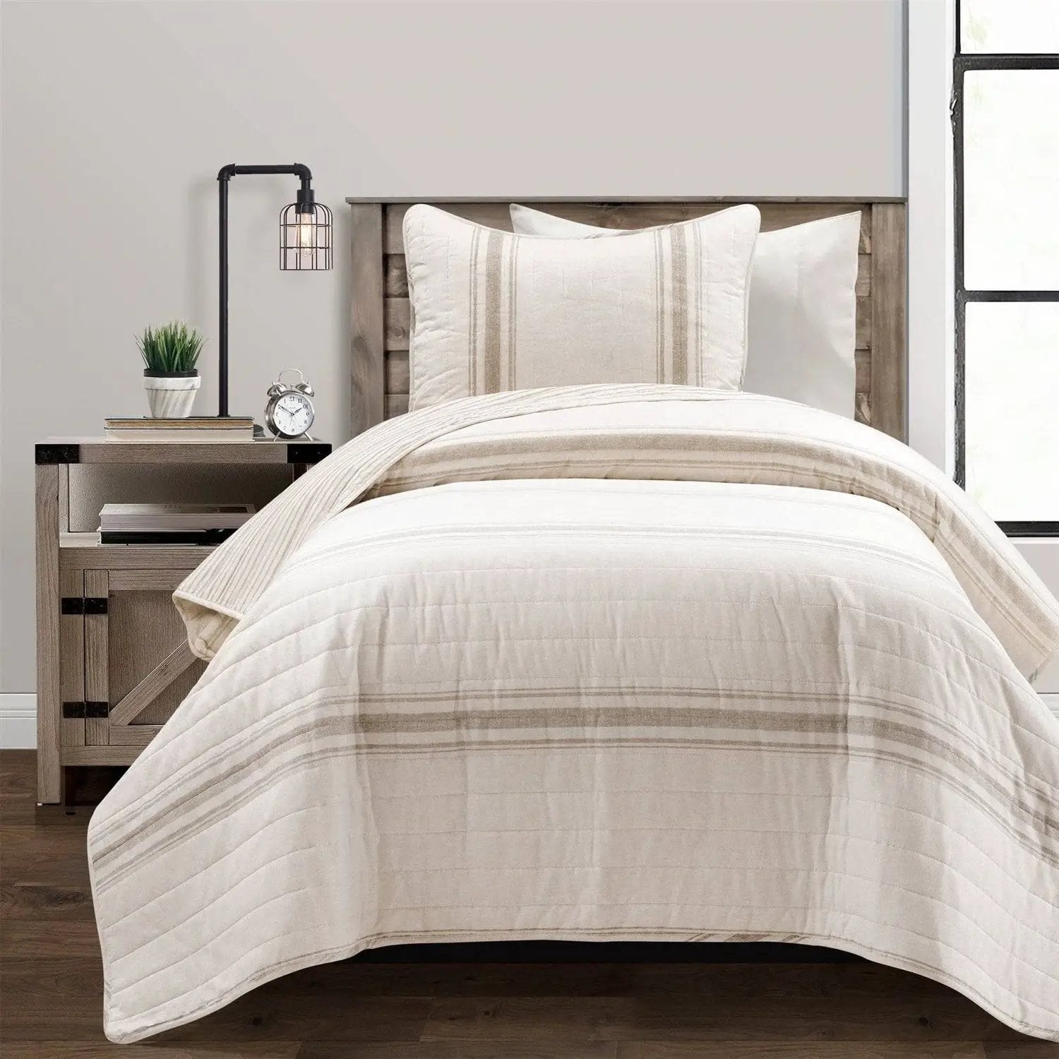 Twin/Twin XL Beige Off-White Cream Stripe 2-Piece Reversible Cotton Quilt Set by HomePacific